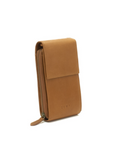 Brown leather phone case with a zipper on a white background