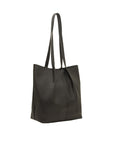 Black leather tote bag on a white background