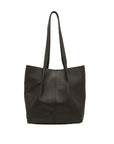 Black leather tote bag on a white background