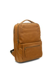Brown leather backpack on a white background