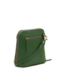 Green leather crossbody bag with gold zipper on a white background