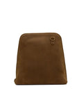 A brown suede or nubuck backpack with a small metal D-ring detail on the upper right side, shown against a plain white background.