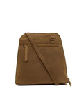 A brown leather crossbody bag with a front zippered pocket and a matching leather strap, shown on a plain white background.