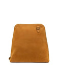 A tan suede laptop sleeve or backpack with a top zipper and a small leather strap detail on the upper right, shown against a plain white background.