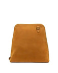 A tan suede laptop sleeve or backpack with a top zipper and a small leather strap detail on the upper right, shown against a plain white background.
