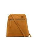 A mustard yellow suede crossbody bag with a top zipper, front zip pocket, and a diagonal shoulder strap, featuring the brand name 'ZEMP' on the front, set against a plain white background.