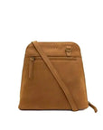 A tan leather crossbody bag with a front zippered pocket and a matching shoulder strap, shown on a plain white background.