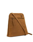 A tan suede crossbody bag with a front zippered pocket and a top zipper, shown on a plain white background.