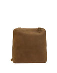 A brown suede or nubuck crossbody bag with a rectangular shape, rounded corners, and a small brass-tone ring detail on the top right, shown against a plain white background.