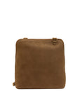 A brown suede or nubuck crossbody bag with a rectangular shape, rounded corners, and a small brass-tone ring detail on the top right, shown against a plain white background.