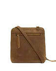 A brown suede crossbody bag with a matching leather strap, front zippered pocket, and a debossed 'CEMP' logo on the front, shown against a plain white background.