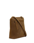 A brown leather crossbody bag with a matching adjustable shoulder strap, shown from a three-quarter angle against a plain white background.
