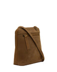 A brown leather crossbody bag with a matching adjustable shoulder strap, shown from a three-quarter angle against a plain white background.