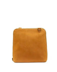 A square tan leather pouch or document holder with a top zipper closure and a small leather loop detail on the upper right, shown against a plain white background.