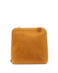A square tan leather pouch or document holder with a top zipper closure and a small leather loop detail on the upper right, shown against a plain white background.