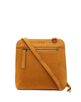 A square-shaped tan suede crossbody bag with a front zippered pocket and a diagonal shoulder strap, shown against a plain white background.