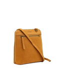 A tan suede crossbody bag with a front zippered pocket and a top zipper, featuring the brand name 'ZEMP' embossed on the front, set against a plain white background.