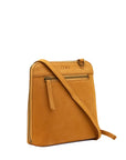 A tan suede crossbody bag with a front zippered pocket and a top zipper, featuring the brand name 'ZEMP' embossed on the front, set against a plain white background.