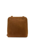 A square-shaped brown suede or faux-suede shoulder bag with a top handle and a small metal ring detail, shown against a plain white background.