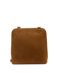 A square-shaped brown suede or faux-suede shoulder bag with a top handle and a small metal ring detail, shown against a plain white background.