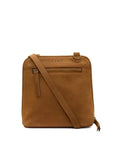 A tan suede crossbody bag with a matching leather strap, featuring a front zippered pocket and the brand name 'ZEMP' embossed on the top, set against a plain white background.