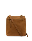 A tan suede crossbody bag with a matching leather strap, featuring a front zippered pocket and the brand name 'ZEMP' embossed on the top, set against a plain white background.