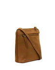 A tan leather crossbody bag with a matching leather strap and a front zippered pocket, shown on a plain white background.