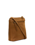 A tan leather crossbody bag with a matching leather strap and a front zippered pocket, shown on a plain white background.