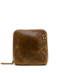 Brown leather wallet with gold zipper on a white background