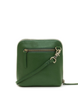 Green leather crossbody bag with gold zipper on a white background