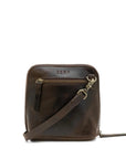 Brown leather crossbody bag with a visible brand logo on a white background