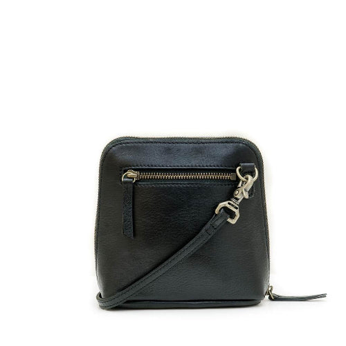 Black leather crossbody bag with gold zipper on a white background