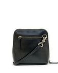 Black leather crossbody bag with gold zipper on a white background