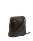 Brown leather crossbody bag with a visible brand logo on a white background