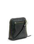 Black leather crossbody bag with gold zipper on a white background