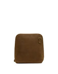 A brown suede tablet sleeve or document pouch with a small leather strap detail on the upper right, shown against a plain white background.