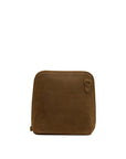 A brown suede tablet sleeve or document pouch with a small leather strap detail on the upper right, shown against a plain white background.