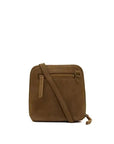 A brown suede crossbody bag with a matching adjustable shoulder strap, a front zippered pocket, and a top zipper closure, shown against a plain white background.