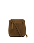 A brown suede crossbody bag with a matching adjustable shoulder strap, a front zippered pocket, and a top zipper closure, shown against a plain white background.