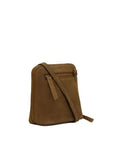 A brown suede crossbody bag with a matching leather strap and zipper pull, shown on a plain white background.