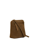 A brown suede crossbody bag with a matching leather strap and zipper pull, shown on a plain white background.