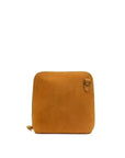 A small tan leather zip-around pouch with a top zipper and a small leather tab detail on the right side, shown against a plain white background.