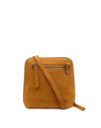 A small square crossbody bag in tan suede-like material with a matching shoulder strap, a front zip pocket, and the brand name 'ZEMP' embossed on the front, shown against a plain white background.