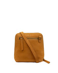 A small square crossbody bag in tan suede-like material with a matching shoulder strap, a front zip pocket, and the brand name 'ZEMP' embossed on the front, shown against a plain white background.