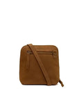 A small brown suede crossbody bag with a front zippered pocket and a matching shoulder strap, shown against a plain white background.
