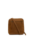 A small brown suede crossbody bag with a front zippered pocket and a matching shoulder strap, shown against a plain white background.