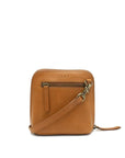 Tan leather crossbody bag with a visible brand logo on a white background