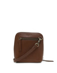 Brown leather crossbody bag with visible brand name on a white background