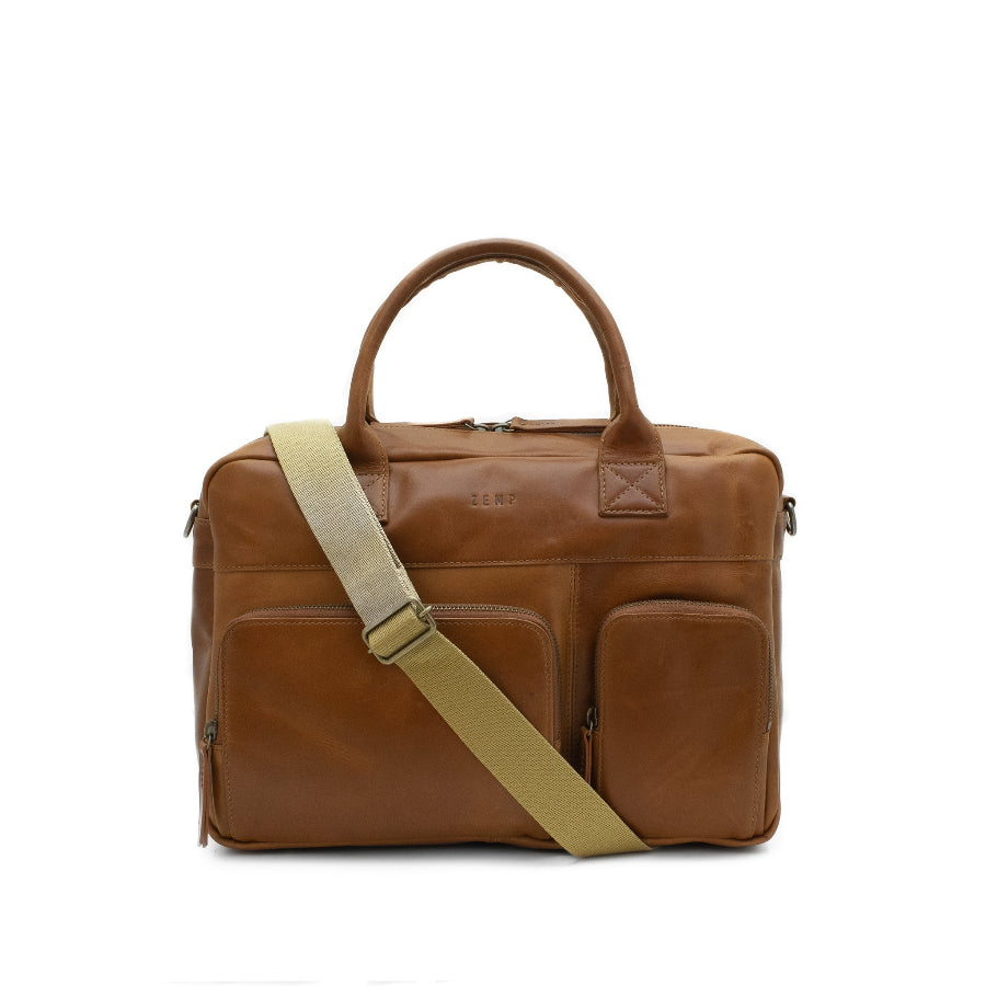 Brown leather briefcase with a beige strap on a white background