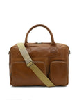 Brown leather briefcase with a beige strap on a white background